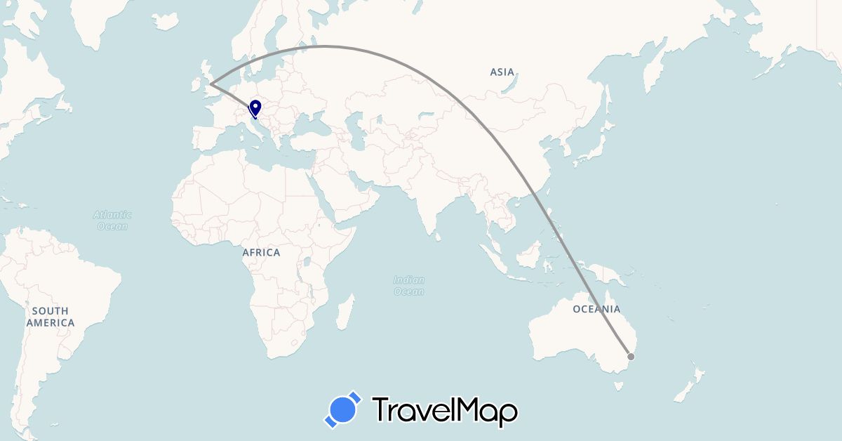 TravelMap itinerary: driving, plane in Austria, Australia, Germany, United Kingdom, Croatia (Europe, Oceania)